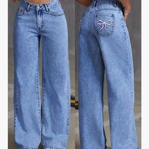 Blue Women's Jeans with Pink Bow Detail